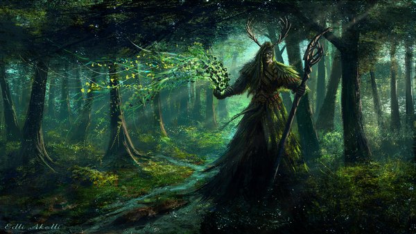 Anime picture 1920x1080 with edli (artist) highres wide image horn (horns) river druid plant (plants) tree (trees) leaf (leaves) staff forest