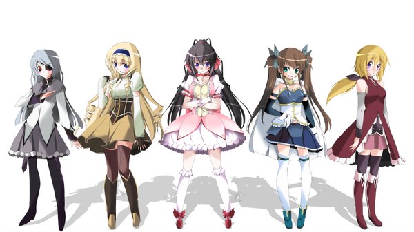 Anime picture 1600x900 with mahou shoujo madoka magica infinite stratos shaft (studio) 8bit charles dunois laura bodewig cecilia orcott shinonono houki fang linyin long hair looking at viewer blush open mouth blue eyes black hair simple background blonde hair red eyes brown hair wide image