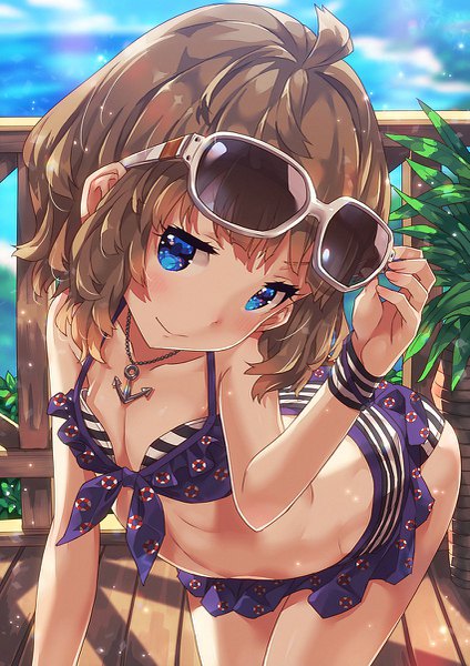 Anime picture 849x1200 with idolmaster idolmaster million live! suou momoko narumi arata single tall image looking at viewer blush fringe short hair breasts blue eyes light erotic smile brown hair sky ahoge ass outdoors head tilt