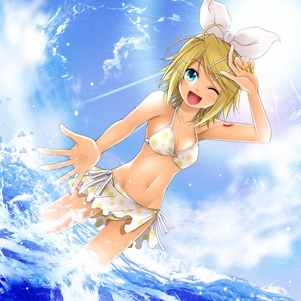 Anime picture 1280x1280 with project diva vocaloid kagamine rin tagme (artist) single fringe short hair breasts open mouth blonde hair standing one eye closed aqua eyes wink tattoo happy summer girl skirt navel