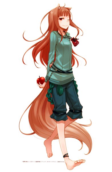 Anime picture 4590x7016 with spice and wolf horo ayakura juu single long hair tall image highres simple background smile red eyes brown hair white background animal ears absurdres animal tail one eye closed barefoot wink scan girl