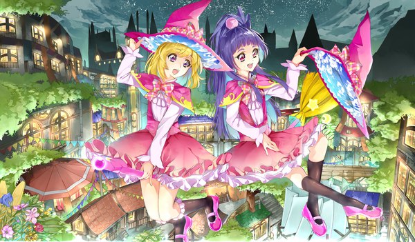 Anime picture 2252x1318 with precure mahou girls precure! toei animation asahina mirai cure miracle izayoi riko cure magical yuutarou (fukiiincho) long hair fringe highres short hair open mouth blonde hair smile red eyes wide image purple eyes multiple girls looking away