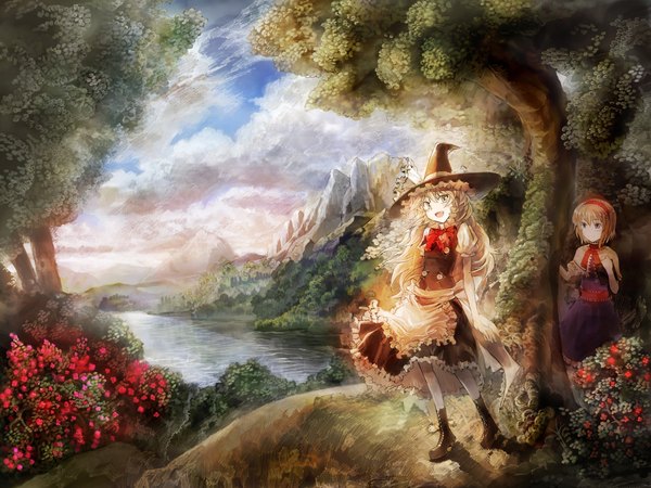 Anime picture 1920x1440 with touhou kirisame marisa alice margatroid ultimate asuka highres blonde hair multiple girls sky cloud (clouds) magic mountain landscape witch girl flower (flowers) 2 girls plant (plants) tree (trees) water hairband