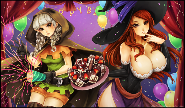 Anime picture 1282x750 with dragon's crown vanillaware sorceress (dragon's crown) elf (dragon's crown) zenithomocha long hair looking at viewer breasts light erotic wide image large breasts multiple girls brown eyes cleavage white hair braid (braids) orange hair finger to mouth girl dress