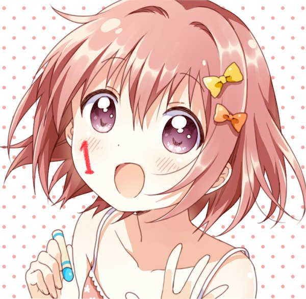 Anime picture 839x821 with yuru yuri doga kobo akaza akari namori single looking at viewer fringe short hair open mouth red hair alternate hairstyle polka dot casual polka dot background girl hair ornament crayon