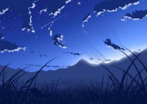 Anime picture 1263x893 with original oshou (artist) sky cloud (clouds) night night sky mountain landscape shooting star plant (plants) grass