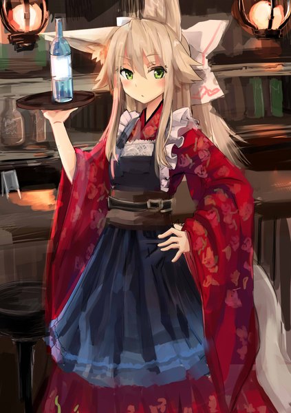 Anime picture 1200x1700 with original haik single long hair tall image looking at viewer blonde hair green eyes animal ears wide sleeves hand on hip waitress wa maid girl dress bow hair bow bottle large bow tray