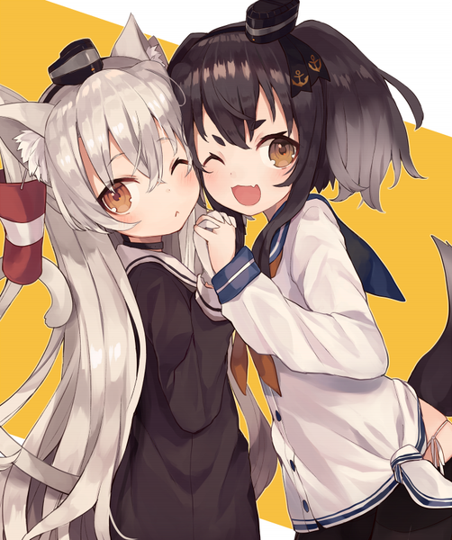 Anime picture 700x837 with kantai collection amatsukaze destroyer tokitsukaze destroyer shugao long hair tall image looking at viewer blush fringe open mouth light erotic black hair smile hair between eyes multiple girls animal ears yellow eyes payot silver hair tail