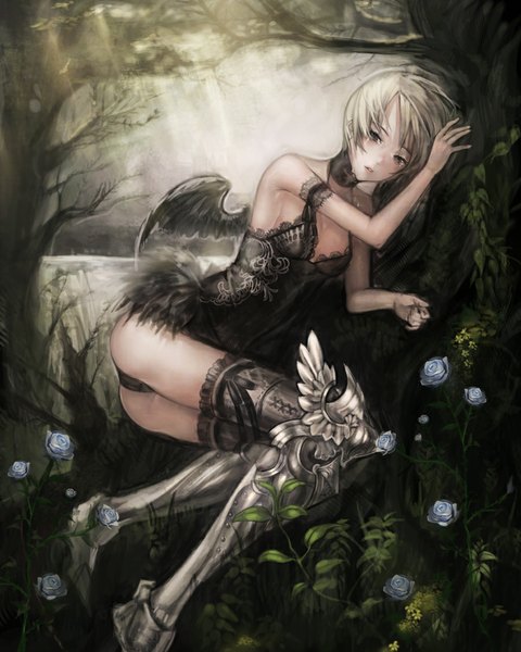 Anime picture 900x1125 with original pantsumoriko single tall image short hair light erotic blonde hair ass black eyes tears on side reclining crying girl thighhighs flower (flowers) ribbon (ribbons) plant (plants) wings tree (trees)