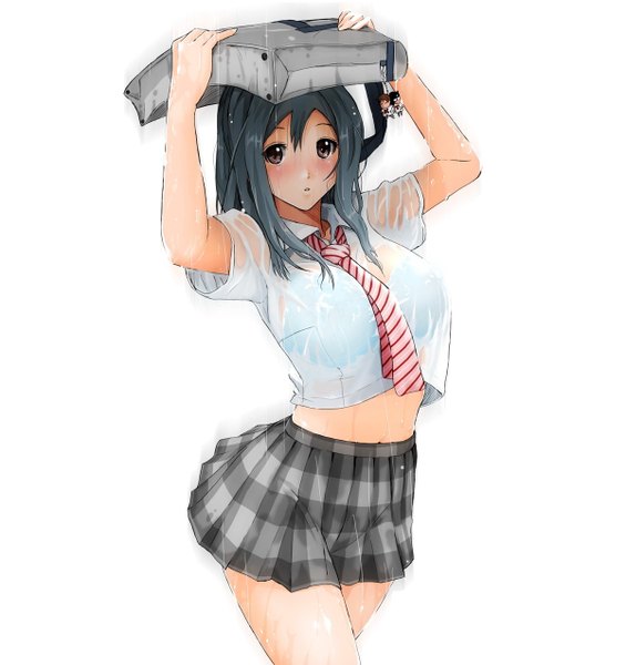 Anime picture 1200x1275 with original ryouzou long hair tall image looking at viewer blush light erotic black hair simple background white background brown eyes wet rain wet clothes girl skirt necktie transparent clothing school bag trinket