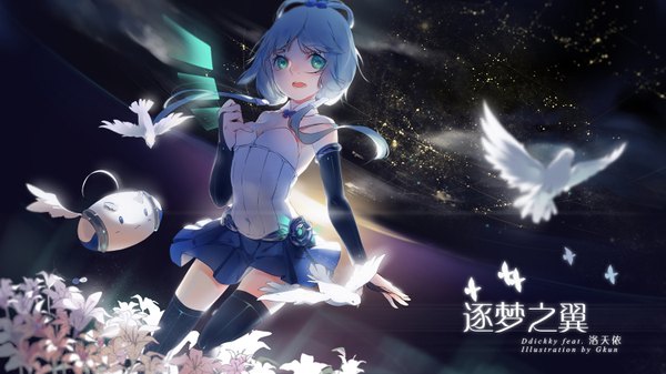 Anime picture 1500x844 with vocaloid vocaloid china luo tianyi aloin.g single short hair wide image green eyes blue hair looking away sky night night sky single wing girl thighhighs skirt flower (flowers) black thighhighs detached sleeves