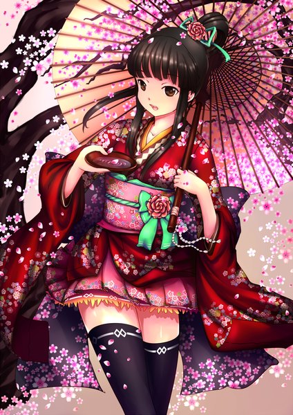 Anime picture 900x1272 with original firebate single long hair tall image open mouth black hair brown eyes traditional clothes japanese clothes cherry blossoms girl thighhighs black thighhighs plant (plants) petals tree (trees) kimono umbrella obi