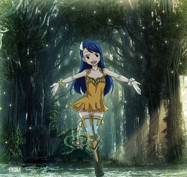 Anime picture 1014x960 with fairy tail wendy marvell futuretabs single long hair open mouth smile blue hair black eyes sunlight coloring spread arms girl thighhighs dress plant (plants) tree (trees) thigh boots