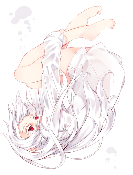 Anime picture 800x1049 with original shiroi ko (otokuyou) otokuyou single long hair tall image light erotic simple background red eyes white background full body bent knee (knees) white hair long sleeves barefoot bare legs outstretched arm looking up upside down falling