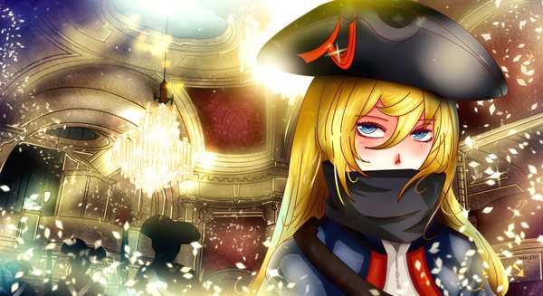 Anime picture 1980x1080 with original vince long hair blush fringe highres blue eyes blonde hair wide image looking away light soldier girl uniform hat building (buildings) mask military uniform lamp house