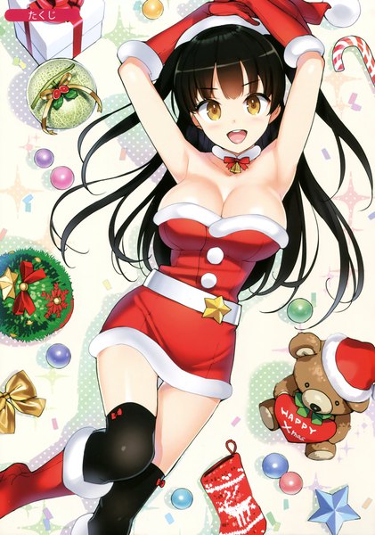 Anime picture 2389x3404 with melonbooks ootomo takuji single long hair tall image looking at viewer blush highres breasts open mouth light erotic black hair smile large breasts brown eyes cleavage scan armpit (armpits) two side up christmas