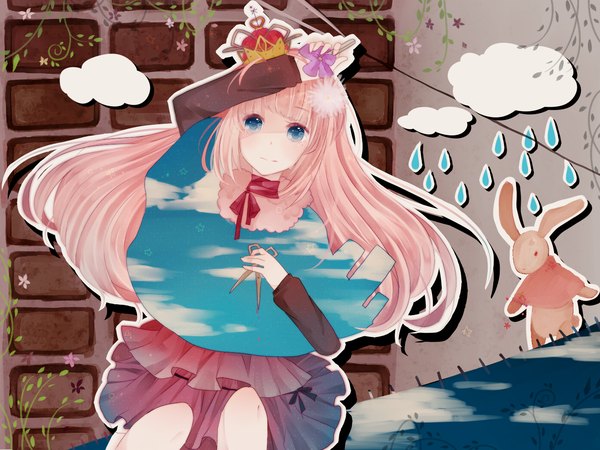 Anime picture 1400x1050 with vocaloid megurine luka itamidome single long hair blue eyes pink hair cloud (clouds) rain crying outline double exposure girl skirt flower (flowers) miniskirt crown bunny scissors