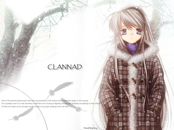 Anime picture 1024x768 with clannad key (studio) sakagami tomoyo single long hair looking at viewer fringe white background purple eyes grey hair inscription copyright name winter snow third-party edit hands in pockets plaid bare tree girl plant (plants)