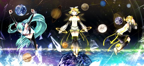 Anime picture 3000x1386 with vocaloid vocaloid append hatsune miku kagamine rin kagamine len hatsune miku (append) kagamine rin (append) kagamine len (append) ume (plumblossom) long hair highres short hair blonde hair wide image twintails multiple girls green eyes green hair girl boy