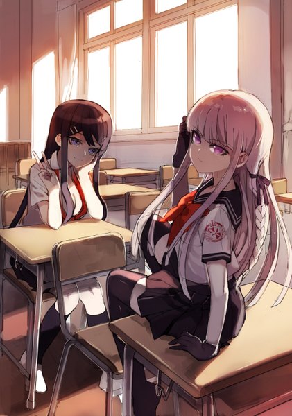 Anime picture 1051x1499 with dangan ronpa kirigiri kyouko maizono sayaka khj long hair tall image looking at viewer blue eyes black hair smile sitting multiple girls pink hair indoors braid (braids) head tilt pleated skirt pink eyes looking back sunlight