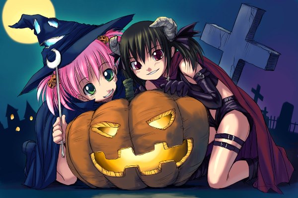 Anime picture 1200x800 with original yu (bosshi) moe (bosshi) bosshi halloween witch demon vegetables jack-o'-lantern pumpkin