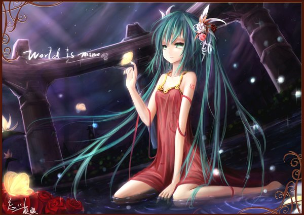 Anime picture 1852x1310 with vocaloid hatsune miku wangchuan de quanyan single long hair highres sitting twintails bare shoulders green eyes barefoot aqua hair bare legs wariza girl hair ornament flower (flowers) insect butterfly sundress