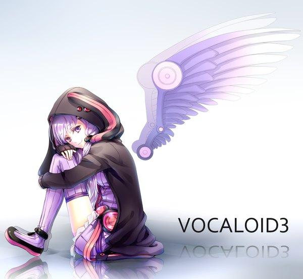 Anime picture 1000x920 with vocaloid yuzuki yukari yamano uzura single long hair fringe sitting twintails purple eyes looking away purple hair profile light smile low twintails reflection mechanical wings girl thighhighs skirt wings