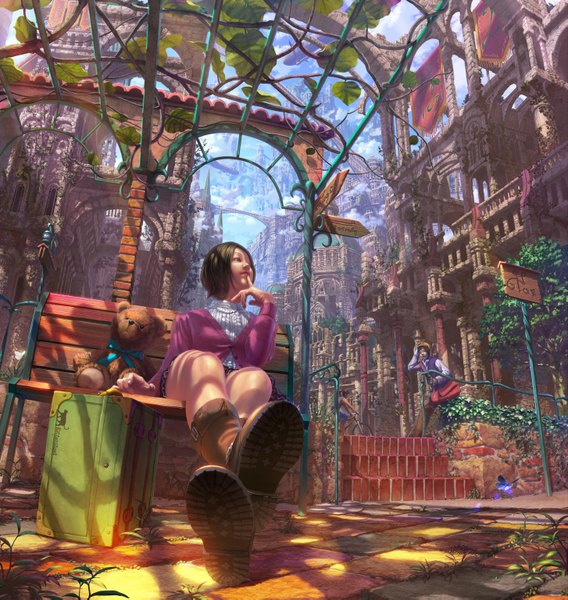 Anime picture 2905x3069 with original reishin tall image highres short hair blue eyes brown hair sitting realistic legs city detailed girl plant (plants) building (buildings) toy bag stuffed animal teddy bear bench