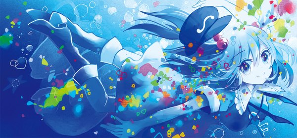 Anime picture 1604x750 with touhou kawashiro nitori azuma aya long hair looking at viewer fringe breasts blue eyes smile wide image large breasts bent knee (knees) short sleeves spread arms wet clothes flying underwater white skin swimming girl