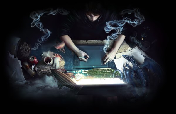 Anime picture 1533x1000 with original dominion (artist) short hair black hair sitting cloud (clouds) from above dark background smoke steam twisty sleeves skeleton boy plant (plants) sea grass fish (fishes) cup paper cigarette