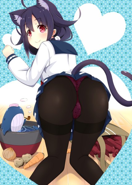 Anime picture 857x1200 with kantai collection taigei light aircraft carrier takehana note long hair tall image blush light erotic black hair smile red eyes animal ears ass tail animal tail looking back cat ears cat girl cat tail kemonomimi mode girl