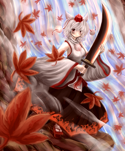 Anime picture 1704x2064 with touhou inubashiri momiji momen102 (sji09u) single tall image looking at viewer blush highres short hair red eyes animal ears white hair wolf ears girl dress weapon hat detached sleeves sword leaf (leaves)