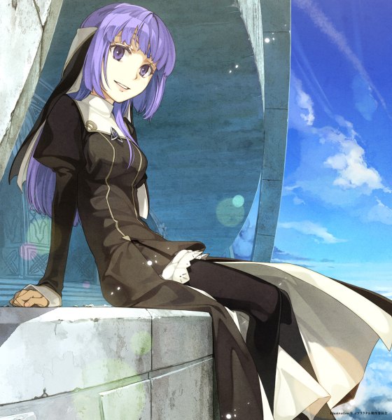 Anime picture 1120x1200 with fractale phryne hidari (left side) single long hair tall image smile sitting purple eyes sky purple hair girl dress