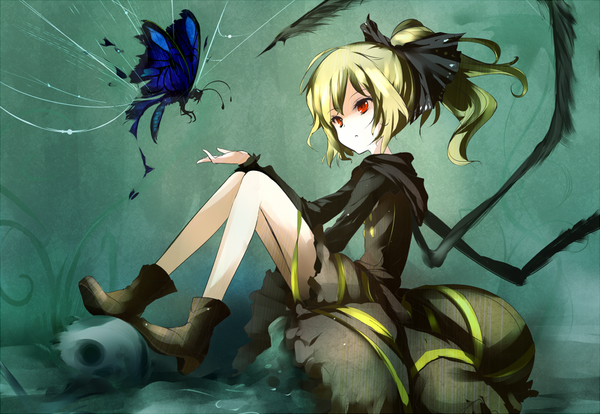 Anime picture 1170x809 with touhou kurodani yamame loxodon single short hair red eyes sitting looking away full body ponytail green hair girl dress bow hair bow boots insect butterfly skull spider web