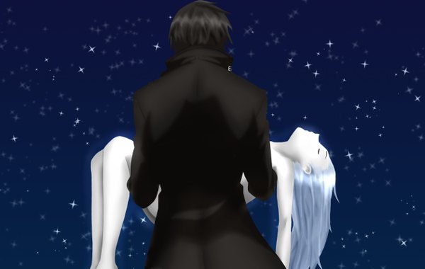 Anime picture 2523x1599 with darker than black studio bones yin (darker than black) hei (darker than black) t-kun (pixiv) long hair highres short hair light erotic black hair sky purple hair eyes closed from behind back carrying girl boy choker star (stars)