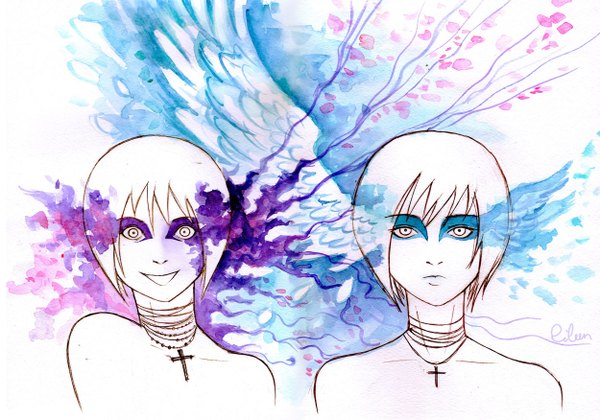 Anime picture 1250x876 with original rilun (artist) looking at viewer short hair open mouth smile bare shoulders multiple girls white hair pale skin white eyes abstract crazy eyes girl 2 girls wings cross paint