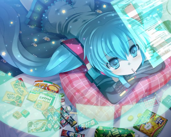 Anime picture 1800x1450 with vocaloid hatsune miku namaru (summer dandy) long hair highres blue eyes twintails blue hair lying girl skirt detached sleeves miniskirt food sweets pillow star (symbol) pocky chips