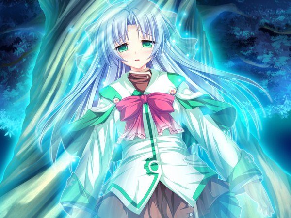 Anime picture 1600x1200 with magus tale whirlpool (studio) alicia infans tenmaso long hair blush open mouth smile green eyes game cg purple hair ahoge night magic sad transparent girl uniform bow plant (plants)