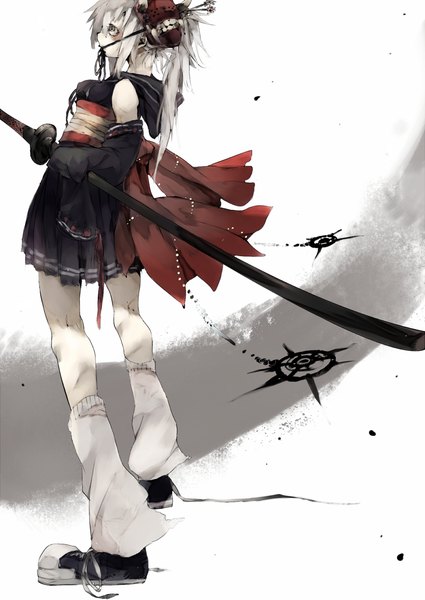 Anime picture 1000x1411 with original uki (artist) single long hair tall image standing holding ponytail traditional clothes japanese clothes profile grey hair grey eyes pale skin girl hair ornament weapon detached sleeves sword socks