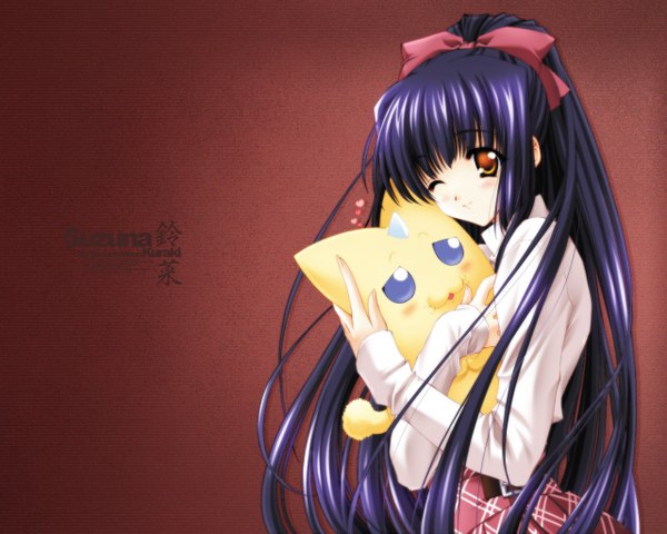 Anime picture 1280x1024 with kao no nai tsuki kuraki suzuna carnelian long hair looking at viewer blush fringe holding brown eyes payot blue hair long sleeves one eye closed light smile plaid skirt pillow hug girl skirt bow hair bow