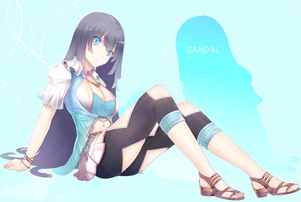 Anime picture 1322x890 with original sts single long hair looking at viewer breasts blue eyes black hair legs girl dress navel bracelet pendant sandals