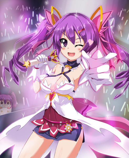 Anime picture 900x1100 with elsword aisha landar bin1998 long hair tall image blush breasts light erotic twintails purple eyes purple hair one eye closed wink drill hair girl dress microphone