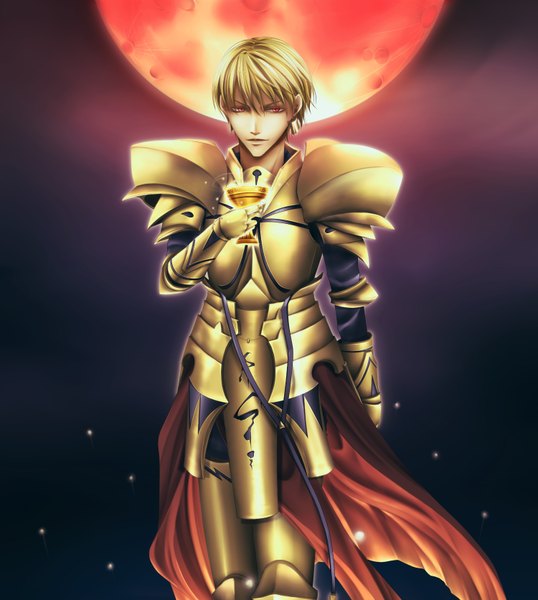 Anime picture 1500x1672 with fate (series) fate/stay night studio deen type-moon gilgamesh (fate) kosho single tall image fringe short hair blonde hair red eyes night red moon boy gloves earrings armor moon cloak