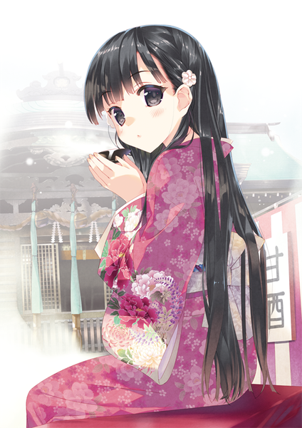 Anime picture 566x800 with idolmaster idolmaster cinderella girls kobayakawa sae arikawa satoru single long hair tall image looking at viewer blush black hair sitting traditional clothes japanese clothes looking back black eyes girl kimono