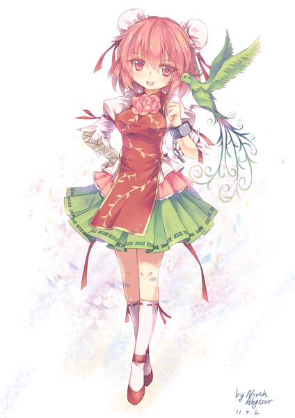 Anime picture 1754x2480 with touhou ibaraki kasen north abyssor single tall image blush highres short hair open mouth signed pink hair pink eyes hair bun (hair buns) dated girl dress flower (flowers) animal socks bird (birds)