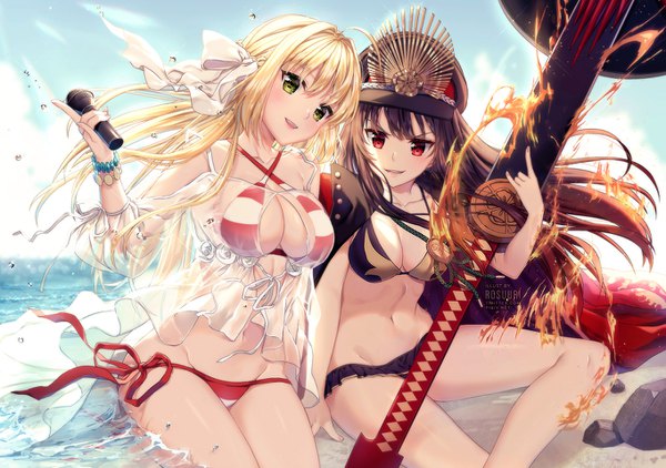 Anime picture 1362x960 with fate (series) fate/grand order nero claudius (fate) (all) oda nobunaga (fate) (all) nero claudius (swimsuit caster) (fate) oda nobunaga (swimsuit berserker) (fate) rosuuri long hair looking at viewer blush fringe breasts open mouth light erotic blonde hair smile hair between eyes red eyes brown hair large breasts