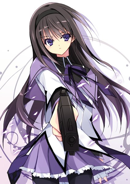 Anime picture 827x1169 with mahou shoujo madoka magica shaft (studio) akemi homura kobayashi chisato single long hair tall image looking at viewer black hair simple background white background purple eyes girl dress weapon hairband gun