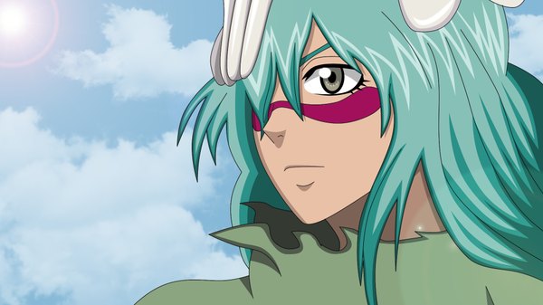 Anime picture 1920x1080 with bleach studio pierrot nelliel tu odelschwanck luffy-san92 long hair fringe highres wide image sky cloud (clouds) green hair sunlight hair over one eye grey eyes tattoo coloring espada girl mask sun