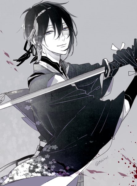 Anime picture 780x1054 with touken ranbu nitroplus mikazuki munechika shijima tohiro single tall image looking at viewer fringe short hair simple background hair between eyes holding signed light smile grey background monochrome fighting stance spot color boy gloves