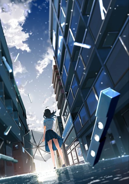 Anime picture 740x1049 with original kuronokuro single tall image black hair sky cloud (clouds) pleated skirt wind from behind reflection transparent umbrella girl skirt serafuku building (buildings) umbrella